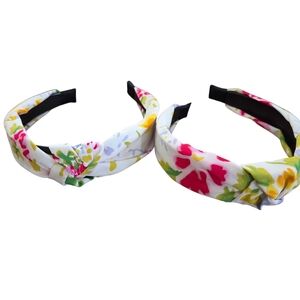 Floral Twist Knotted Headband — White Base with Pink & Yellow Flowers